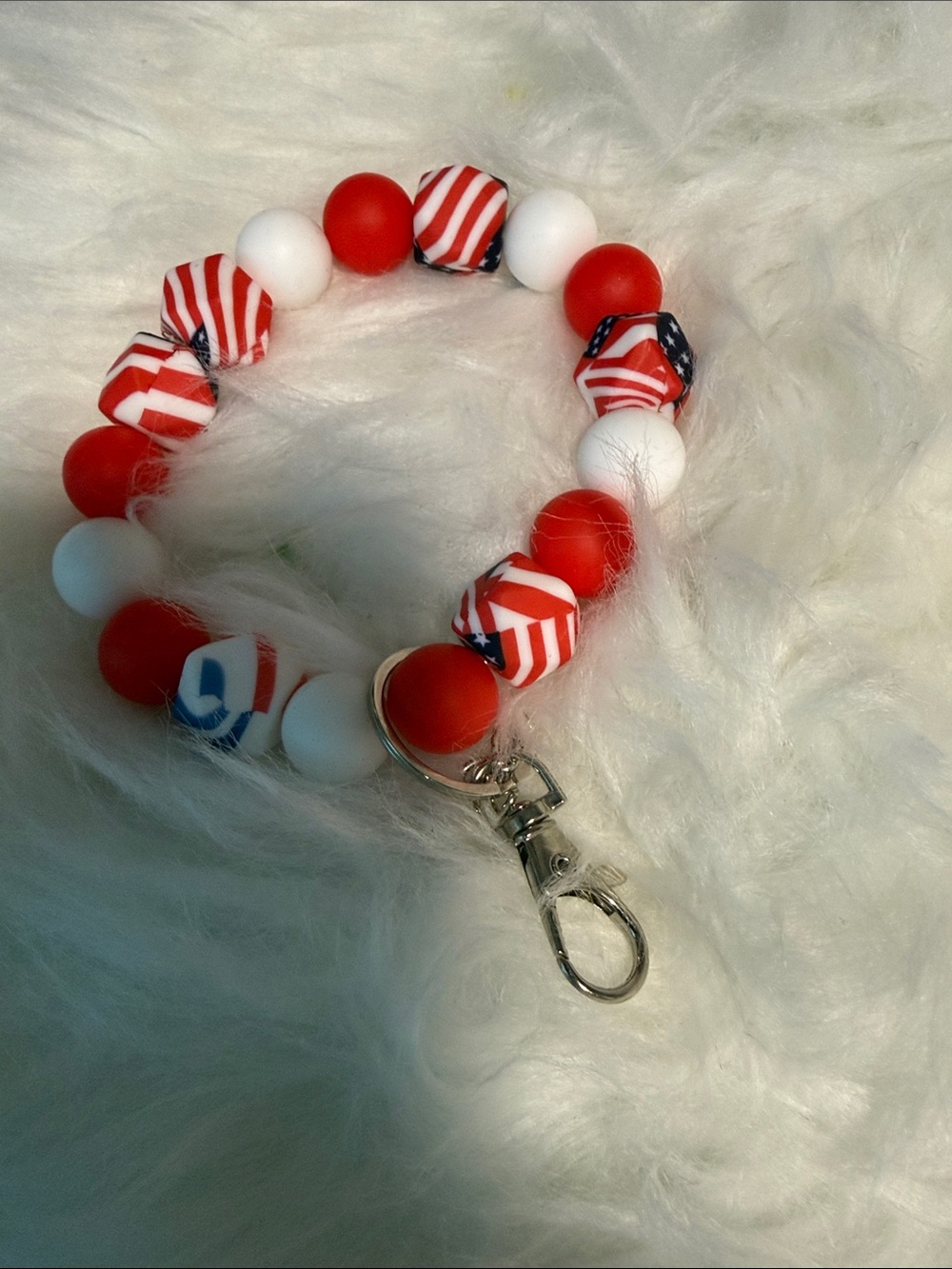 Patriotic Red & White Beaded Keychain Wristlet